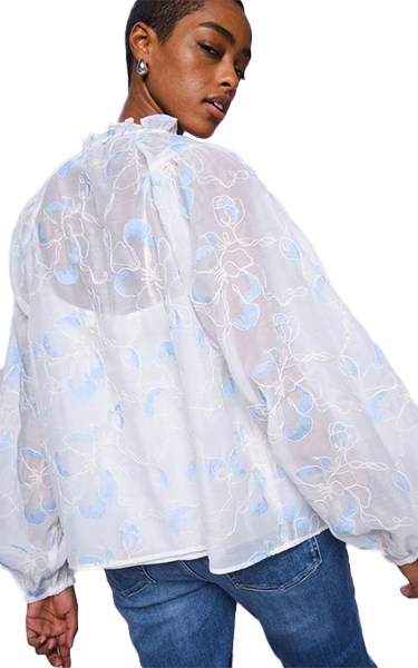 Mos Mosh Flowy Eisara Blouse White – Elegant Floral Embroidery