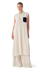 Beatrice B Cream Sless Dress with Black Pocket