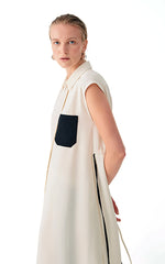 Beatrice B Cream Sless Dress with Black Pocket